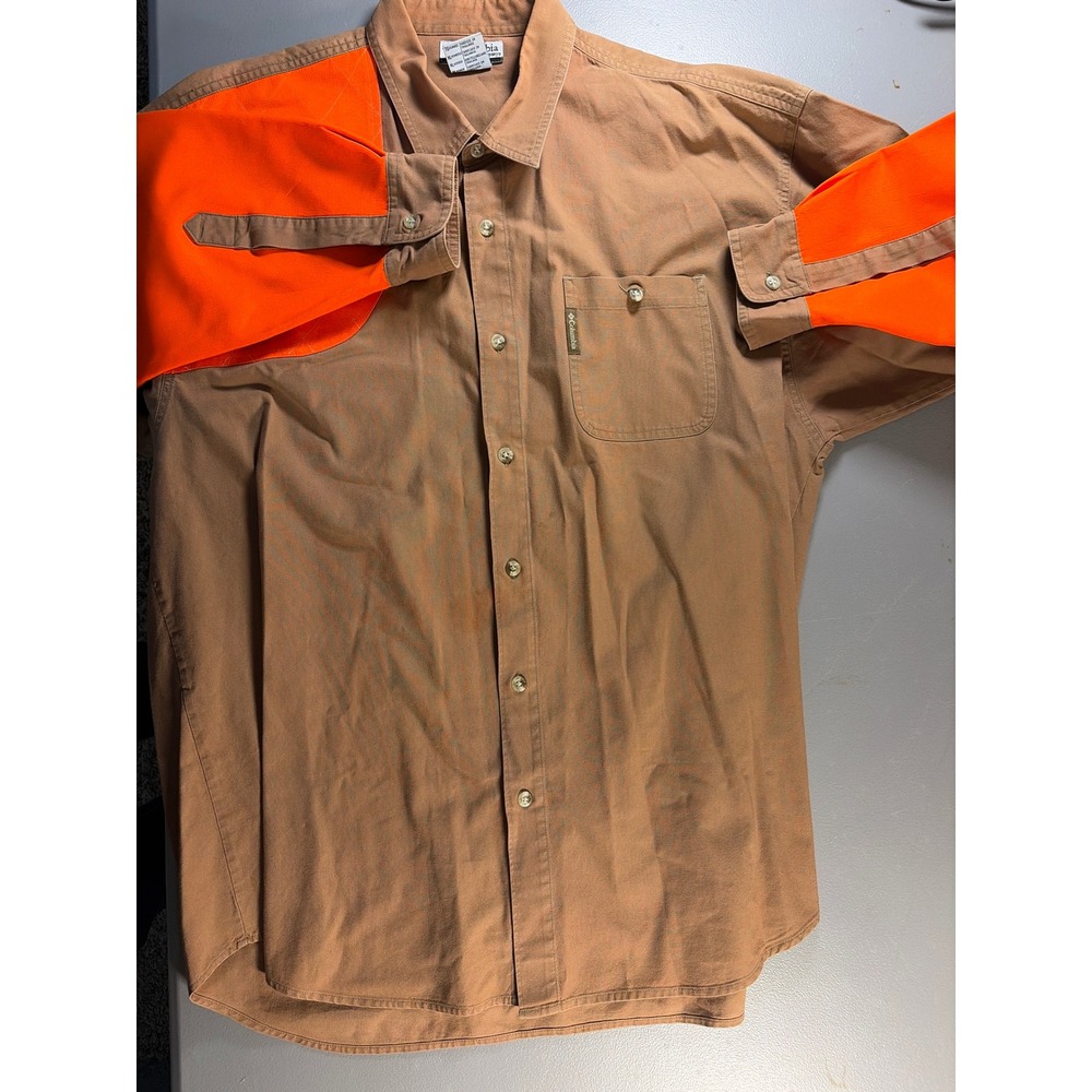 Columbia Hunting Shirt Mens XL Brown Blaze Orange Shooting Patch Long Sleeve Cot - Picture 8 of 9